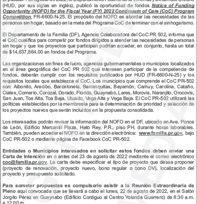 Aviso Público - Competencia Regular Programa CoC FY22 (Public Notice CoC Competition FY22)