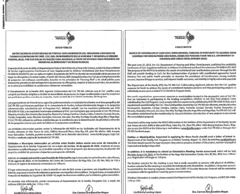 Aviso Público - Programa CoC “NOFO” Suplementario FY22 (Public Notice CoC Program Supplemental NOFO FY22)