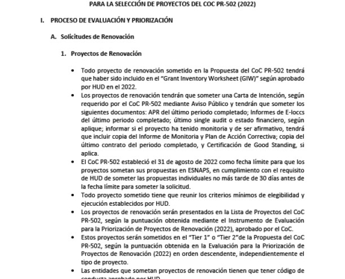 Proceso para Evaluar, Asignar Puntuación y Establecer el Óden de Prioridad para la Selección de Proyectos del COC PR - 502 (2022)