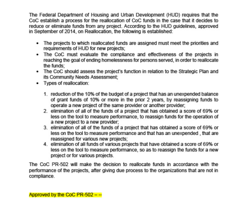 Process for Reallocating Funds of the COC PR - 502 FY 2022