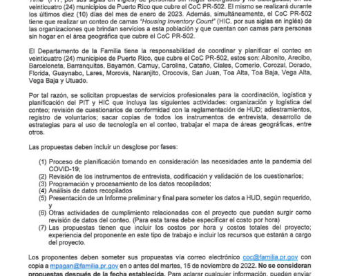 Segunda Solicitud de Propuestas de Servicios Profesionales - Conteo de Personas sin Hogar 2023