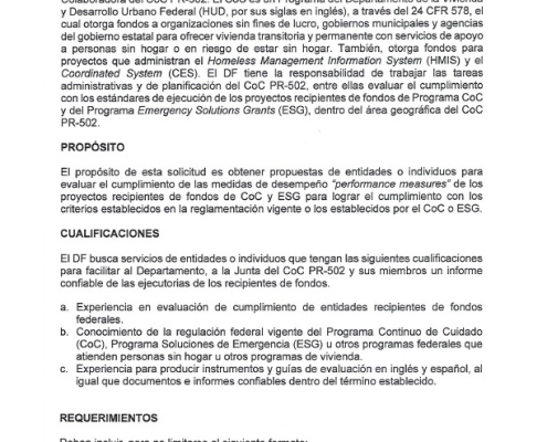 Segunda Solicitud de Propuestas de Servicios Profesionales para Evaluación de Cumplimiento de Resultados de los Proyectos Recipientes de Fondos CoC PR-502 y ESG