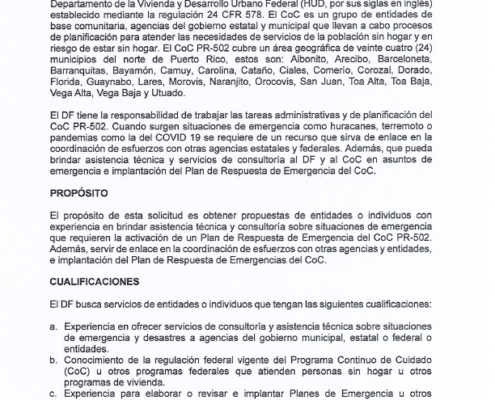Solicitud de Propuestas - Asistencia Técnica y Consultoría en Situaciones de Emergencias Programa CoC