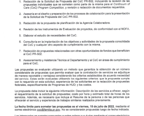 Solicitud de Propuestas - Consultoría y Asistencia Técnica en Áreas de Cumplimiento Programa CoC - 07JUL2022