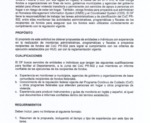 Solicitud de Propuestas de Servicios Profesionales - Monitorías Administrativas, Programáticas y Fiscales a Proyectos Recipientes de Fondos COC PR - 502