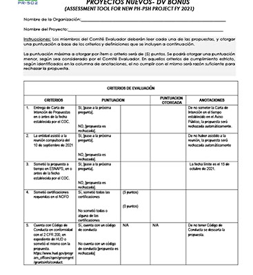 Instrumento de Evaluación Proyectos Nuevos DV Bonus 2021 - Assessment Tool for New Projects DV Bonus FY 2021