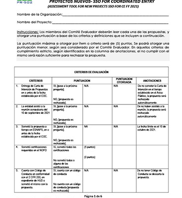 Instrumento de Evaluación Proyectos Nuevos SSO for CE 2021 - Assessment Tool for New Projects SSO for CE FY 2021
