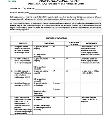 Instrumento de Evaluación de Proyectos Nuevos PH 2021 - Assessment Tool for New Projects PH FY 2021