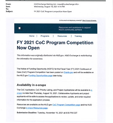 NOTICE HUD- FY 2021 COC PROGRAM COMPETITION 8-18-21