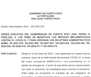 ORDEN EJECUTIVA DEL GOBERNADOR DE PUERTO RICO, HON. PEDRO R. PIERLUISI, A LOS FINES DE MODIFICAR LAS MEDIDAS IMPLEMENTADAS CONTRA EL COVID-19,