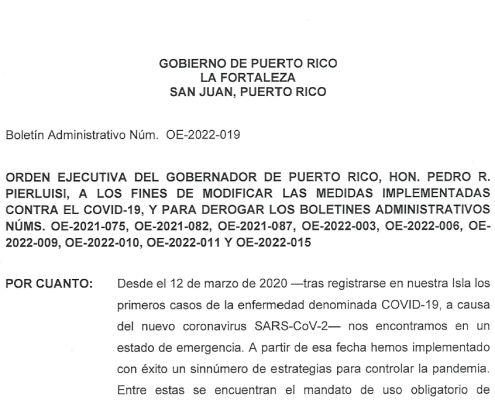 ORDEN EJECUTIVA DEL GOBERNADOR DE PUERTO RICO, HON. PEDRO R. PIERLUISI, A LOS FINES DE MODIFICAR LAS MEDIDAS IMPLEMENTADAS CONTRA EL COVID-19,