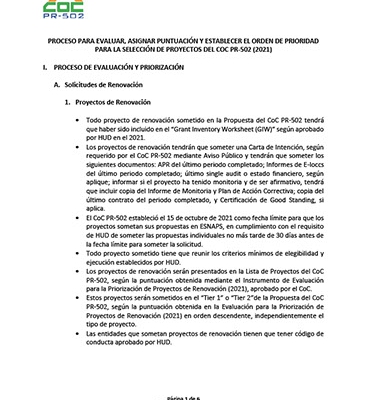 PROCESO PARA EVALUAR ASIGNAR PUNTUACION Y ESTABLECER ORDEN DE PRIORIDAD PARA LA SELECCION DE PROYECTOS DLE COC PR-502 (NOFO 2021)