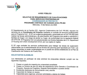 REQUERIMIENTO DE CUALIFICACIONES PARA SERVICIOS PROFESIONALES COORDINADOR(A) DE PROYECTO PROGRAMA COC