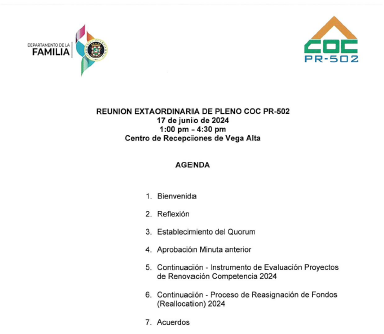 Agenda Reunión Extraordinaria de Pleno CoC PR-502 - 17 de junio de 2024