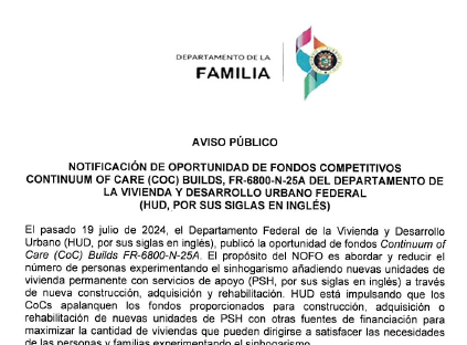 Aviso Público NOFO CoC Builds 2024 - español